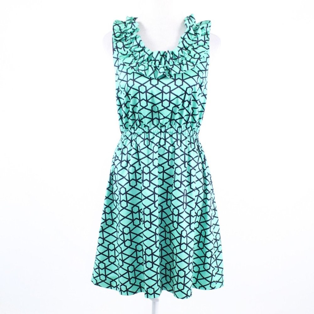 Ellen & Ollie Teal Aqua Ruffle Neck Dress with Geometric Pattern